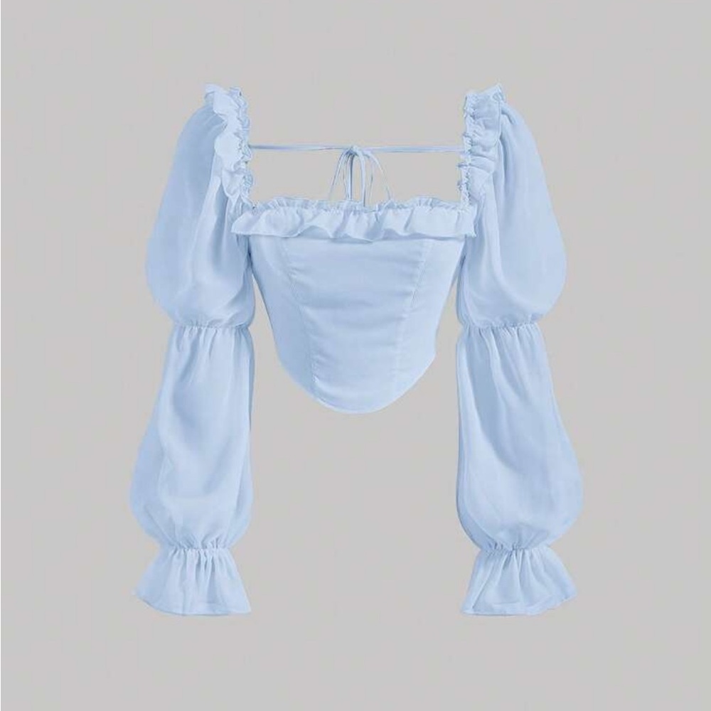 SHEIN 🦋 Light Blue Puff Sleeve Ruffled Crop Top
